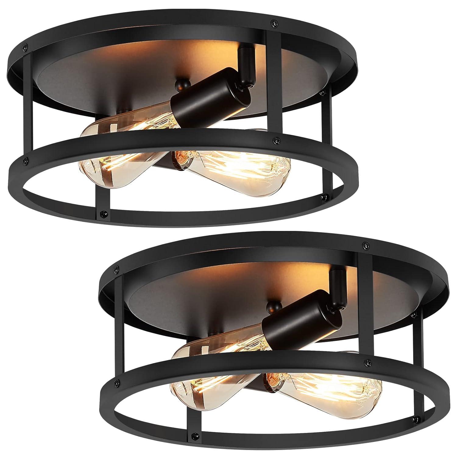 2-Light Industrial Flush Mount Ceiling Light Fixture,Black Farmhouse Ceiling Light Fixture,Modern Flush Mount Light Fixture for Kitchen Bedroom Living Room Hallway 2 Pack