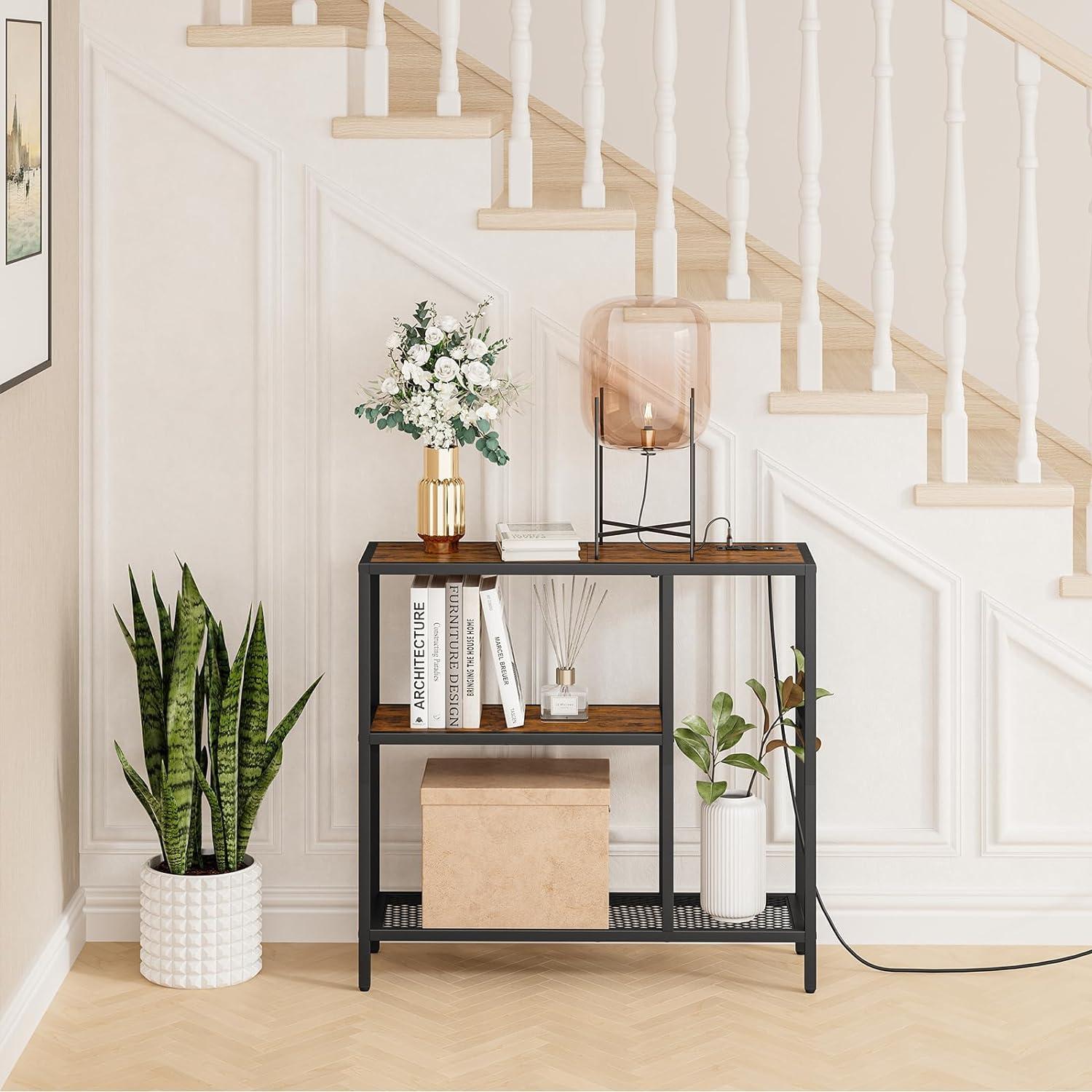 Rustic Brown Metal Frame L-Shaped Console Table with Storage