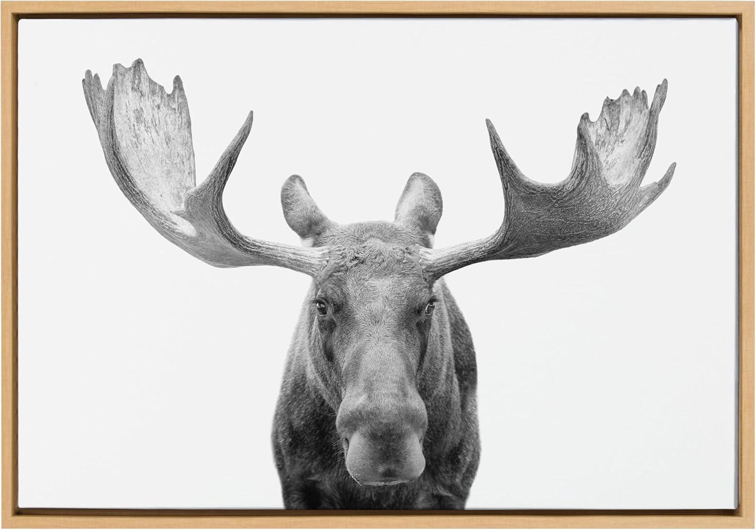 Kate and Laurel Sylvie Moose Black and White Framed Canvas Wall Art by Amy Peterson Art Studio, 23x33 Natural, Modern Animal Portrait Art for Wall