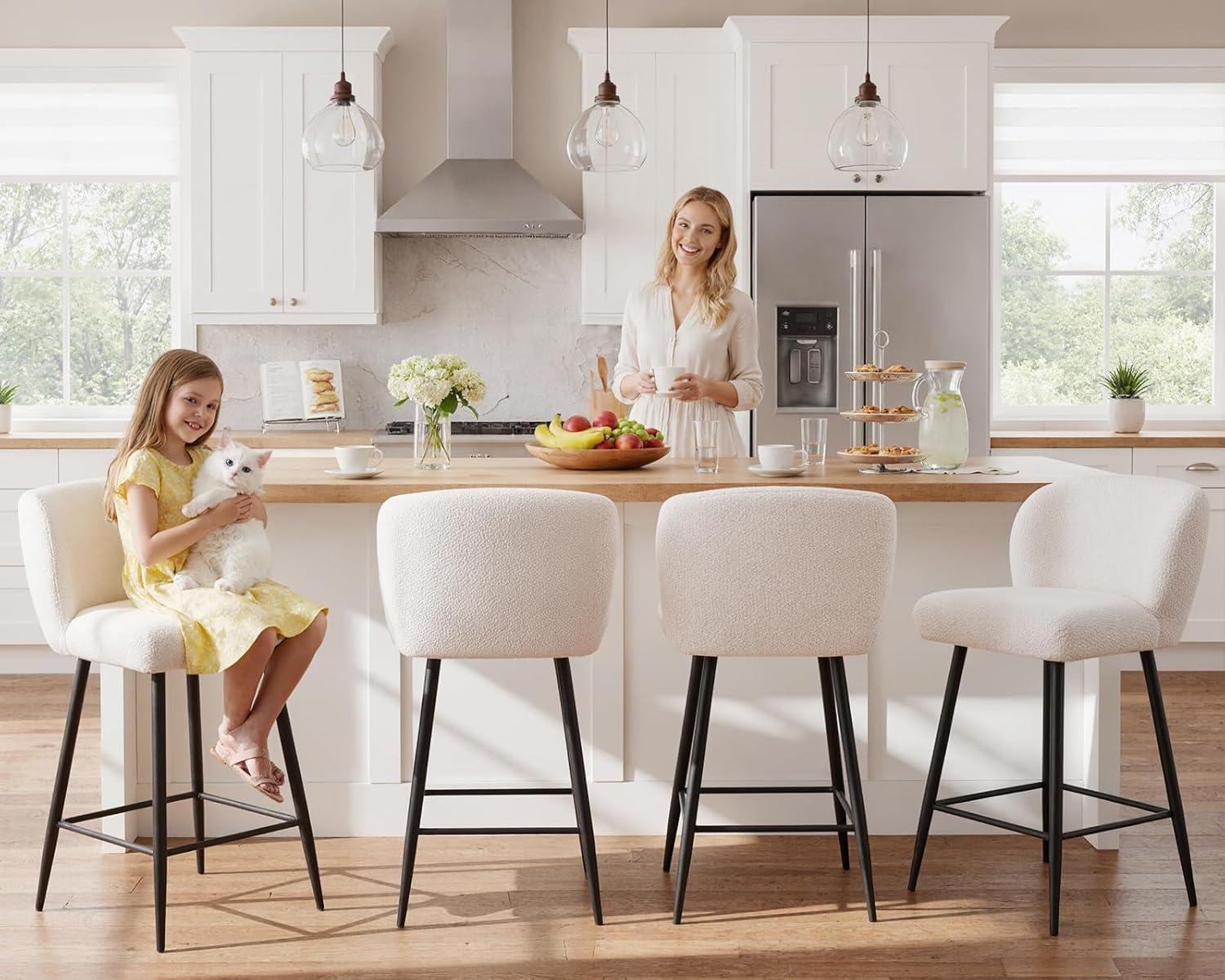 Guyou Sherpa Counter Height Bar Stools Set of 2, Modern Upholstered Boucle Barstools with Curved Open Back and Metal Legs, 26” Kitchen Island Chairs for Restaurant Kitchen Pub Bistro, White