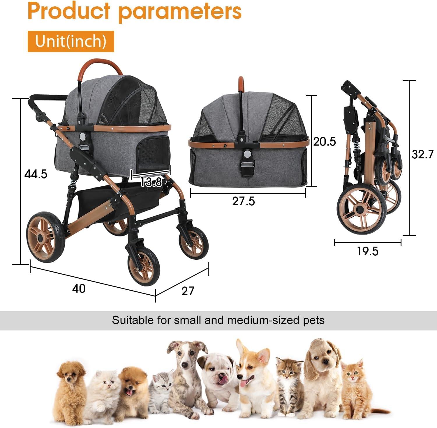 Gray Aluminum Frame 4-Wheel Dog Stroller with Detachable Carrier