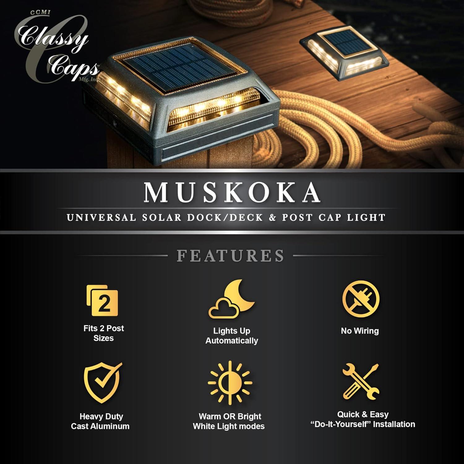 Classy Caps Sld505b Muskoka 4-3/4" Square Selectable Color Temperature Led Solar Post Cap