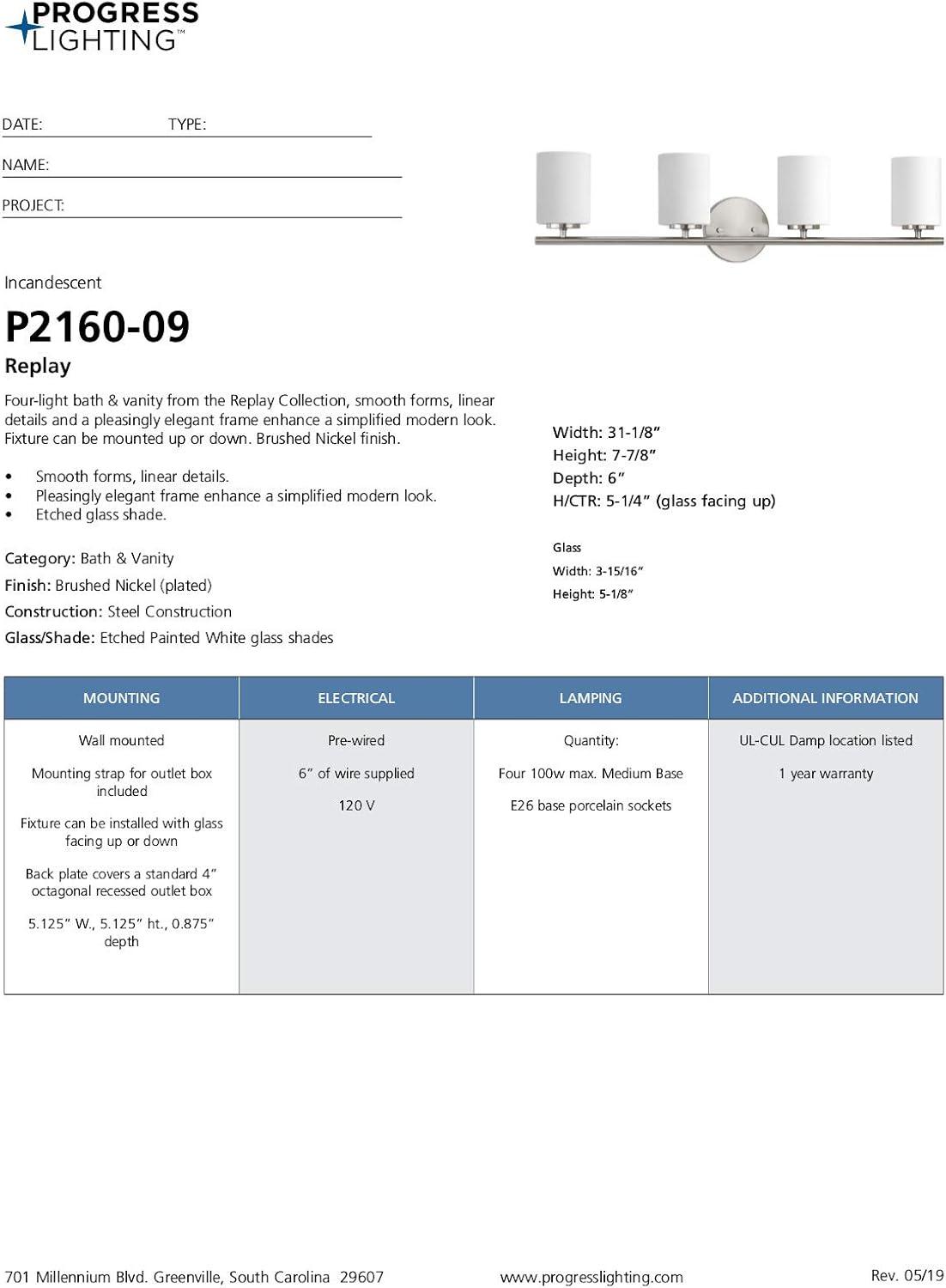 Progress Lighting Replay Collection 4-Light Bath Vanity, Brushed Nickel, Porcelain Shade