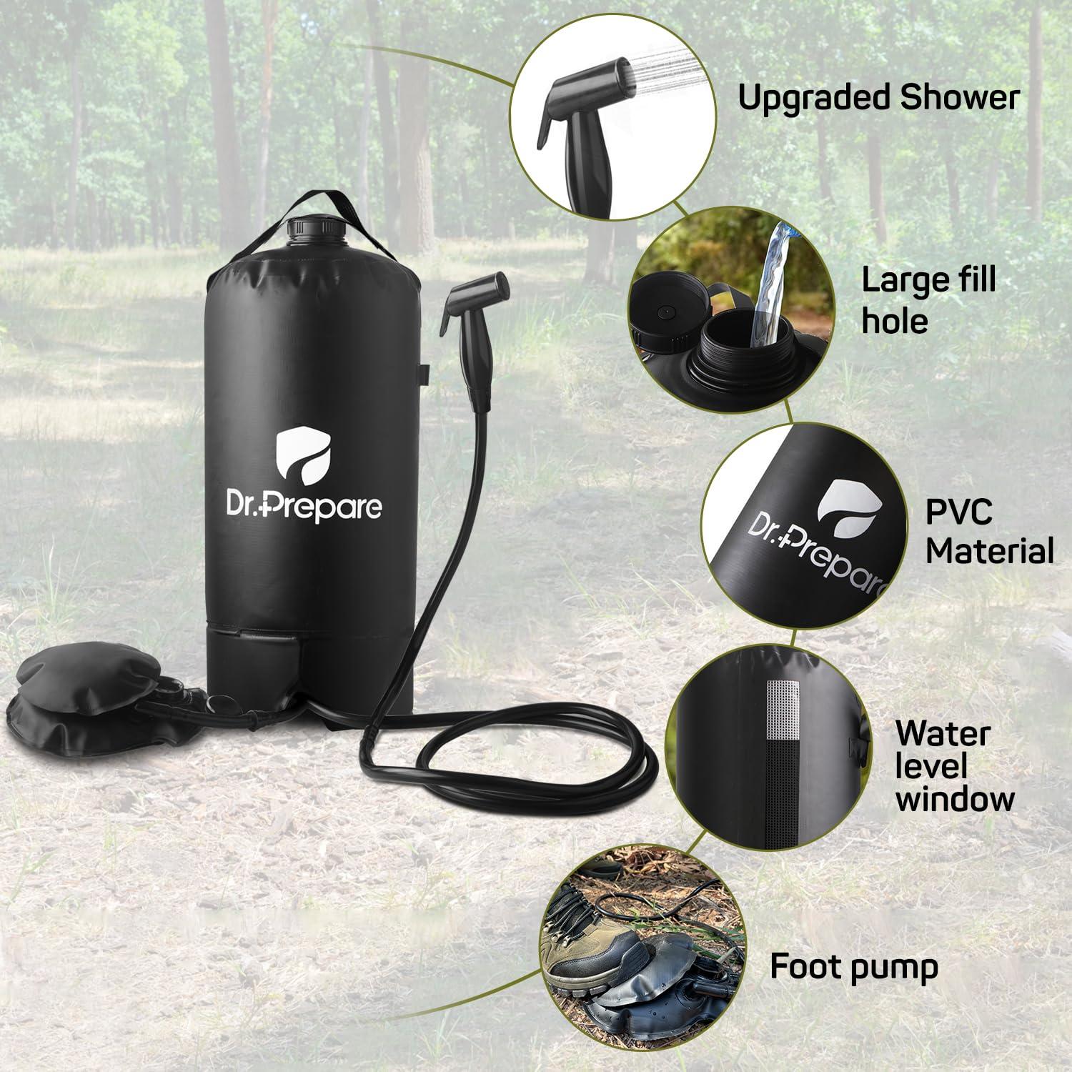 Black PVC Portable Camping Shower with Foot Pump, 5 Gallons