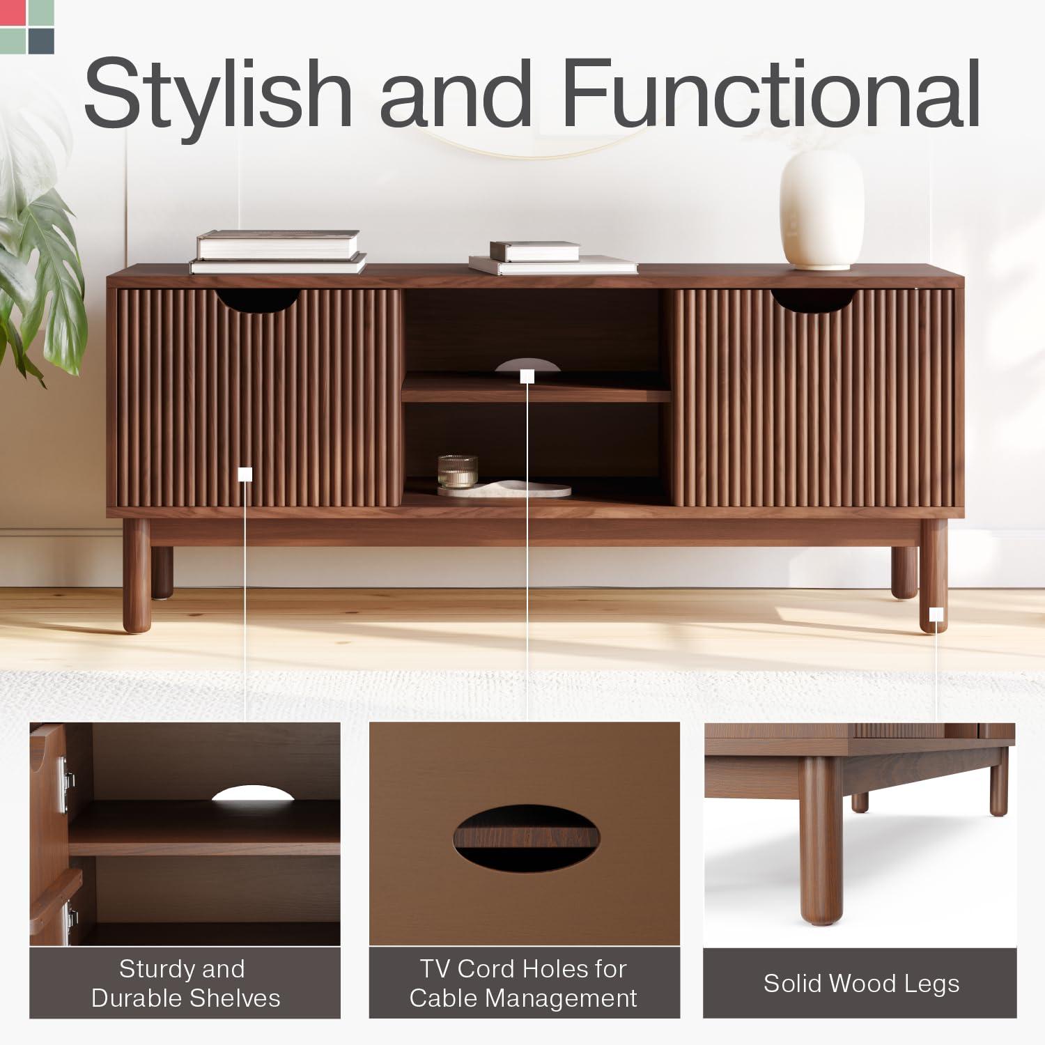 Stead Low Profile Fluted TV Stand - Mid Century Media Console - 48” Entertainment Center with Shelves and Doors, Walnut Finish