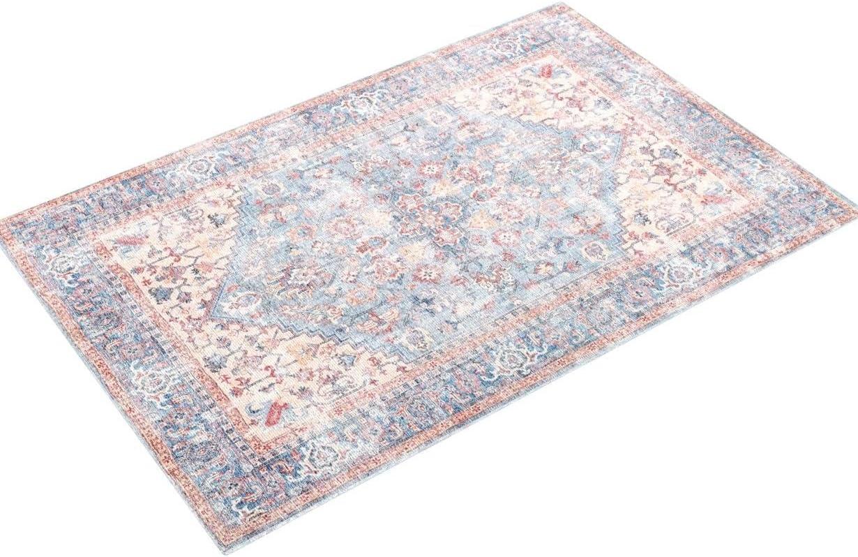 Vintage-Style Blue Floral Medallion Cotton Chenille Area Rug, 5'3" x 7'3"