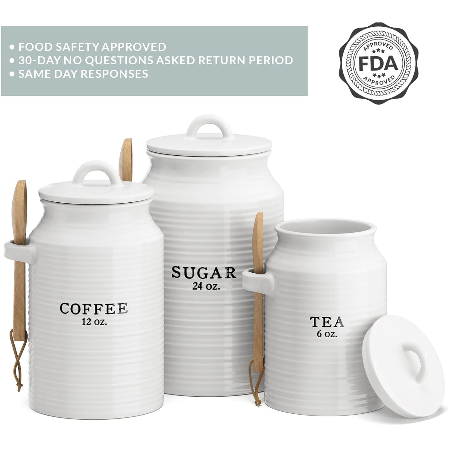 Barnyard Designs Canister Set for Kitchen Counter, Coffee Tea Sugar Container Ceramic Set, Decorative Canisters, Rustic Farmhouse Canister Jars, White (Coffee/Sugar/Tea)
