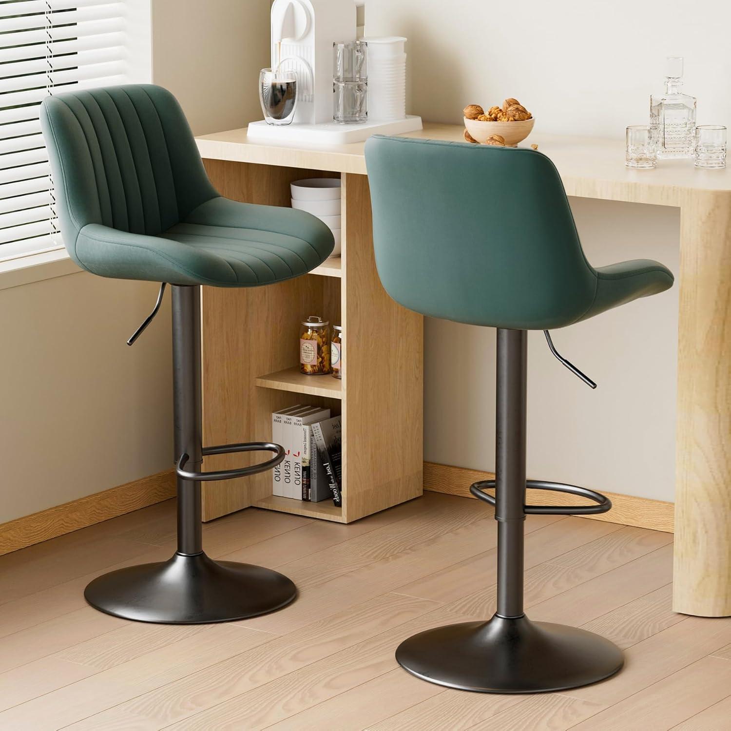 Hawsaiy Adjustable Bar Stools Set of 2, Swivel Counter Height Bar Chairs with Back, Modern Technical Fabric Barstools for Kitchen Island & Home, Green
