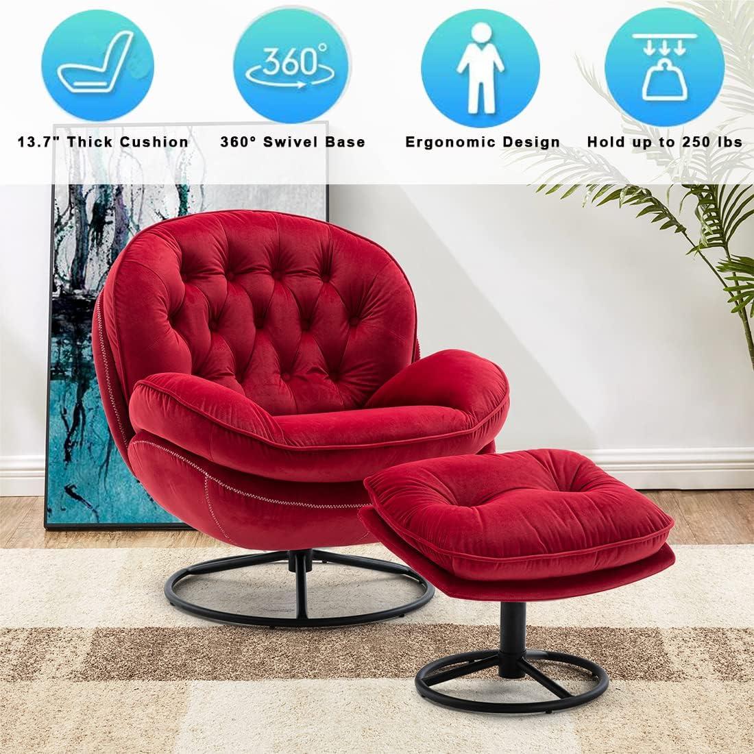 Velvet Swivel Accent Chair with Ottoman Set, Modern Lounge Chair with 360 Degree Swiveling Metal Base & Footrest, Comfy Single Sofa Chair for Living Room Bedroom, Reading Room, Home Office, Dark Red