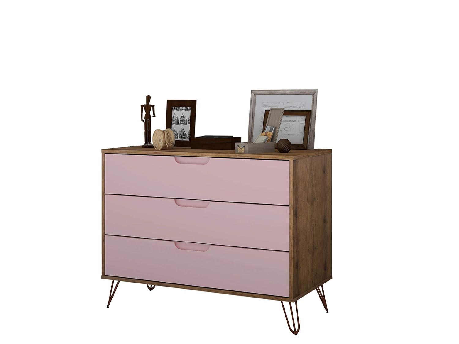 Set of 2 Rockefeller 3 Drawer Dresser Nature/Rose Pink - Manhattan Comfort: MDF Bedroom Storage, Easy-Glide, 6 Drawers