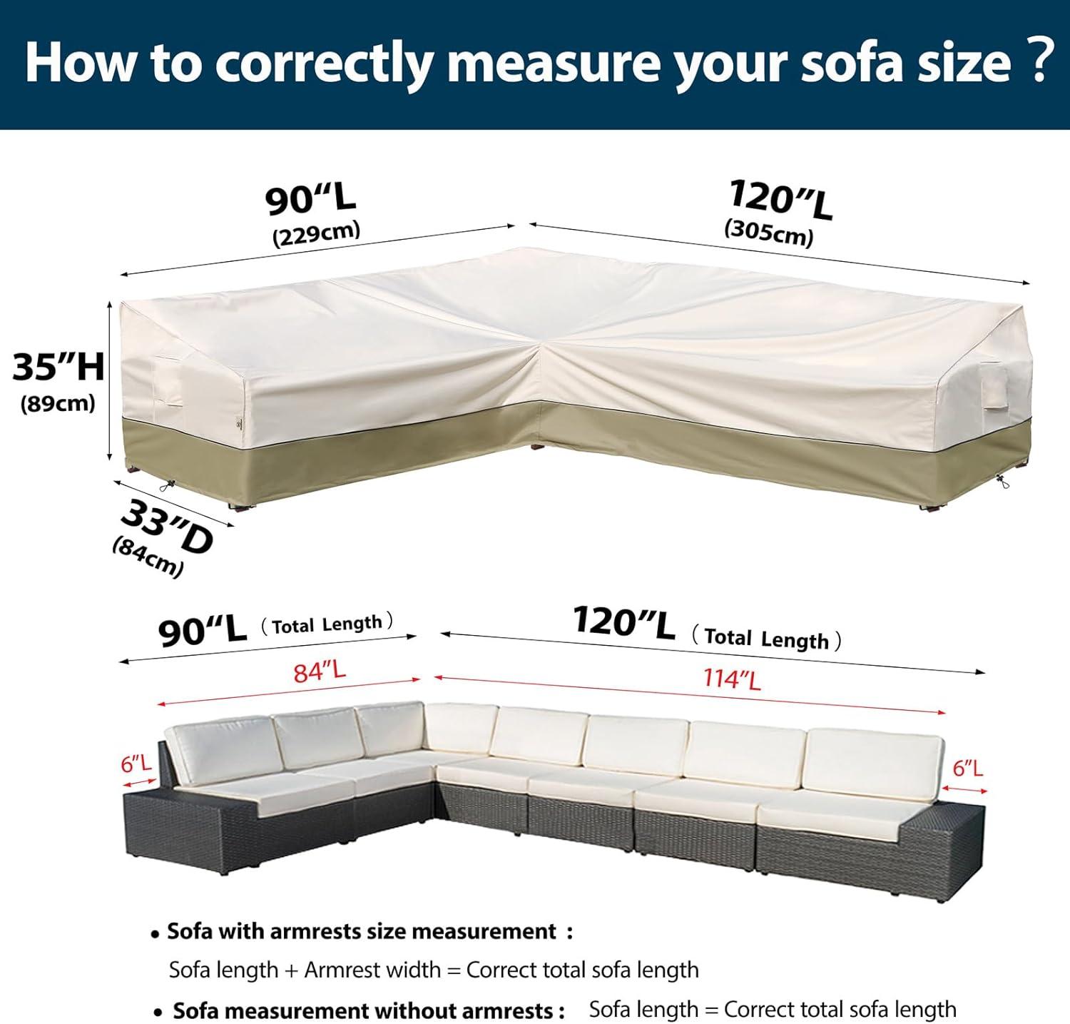 Outdoor Sectional Cover-V-Shaped Garden Patio Furniture Covers Waterproof Rip-Stop Anti-UV 600D Heavy Duty Outdoor Couch Cover with 3 Air Vents Sofa Cover 85''L 33.5''D 31''H,Beige & Reddish Brown