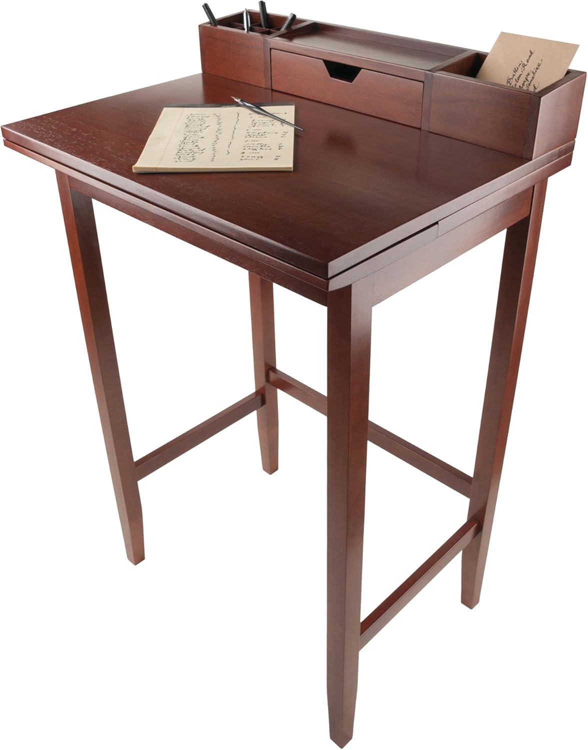 Walnut Wood High Desk with Hutch and Drawer