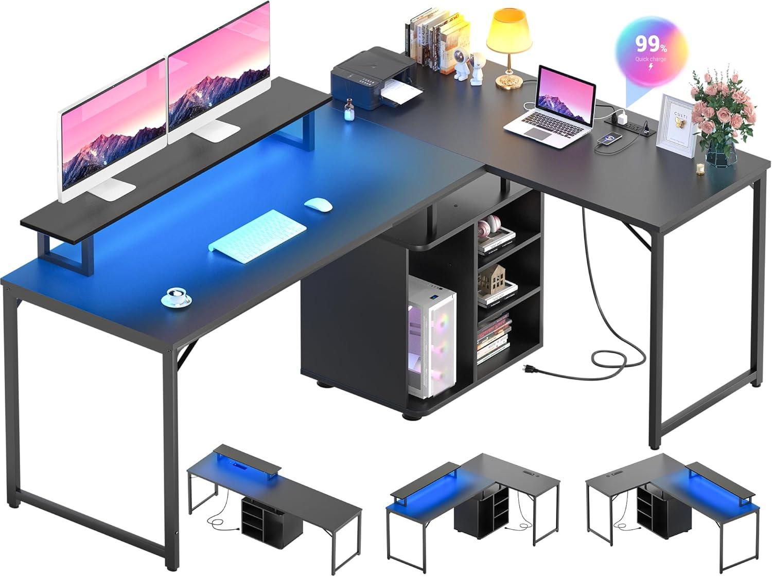 Black L-Shaped Adjustable Gaming Desk with LED and USB Ports