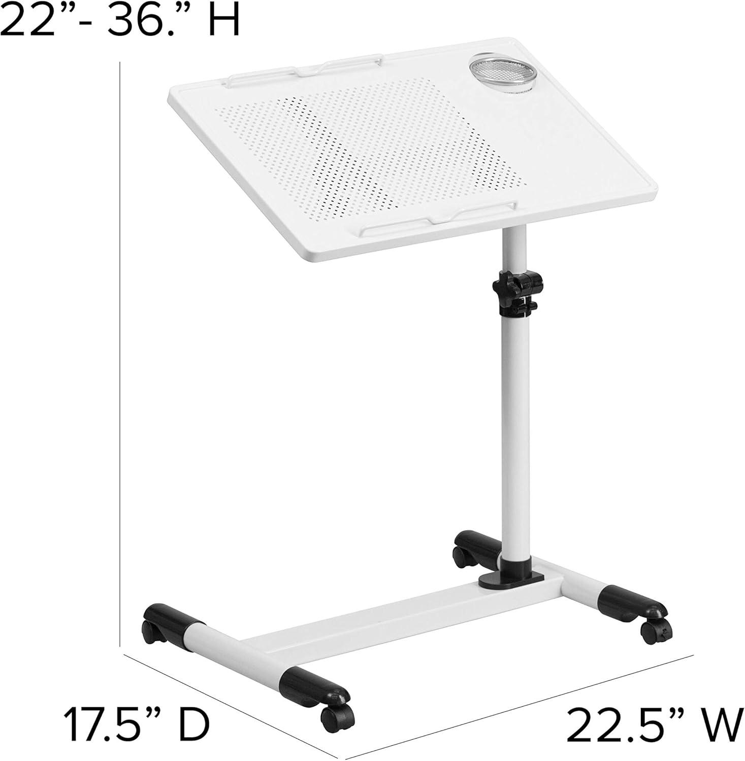 SwivelTop White Adjustable Steel Mobile Desk with Cup Holder