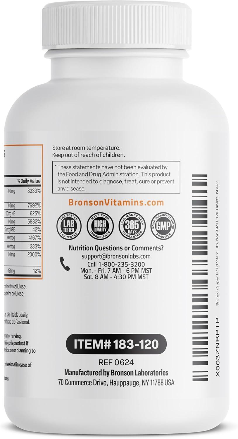 Bronson Vitamin B 100 Complex High Potency Sustained Release (Vitamin B1, B2, B3, B6, B9 - Folic Acid, B12), 120 Tablets