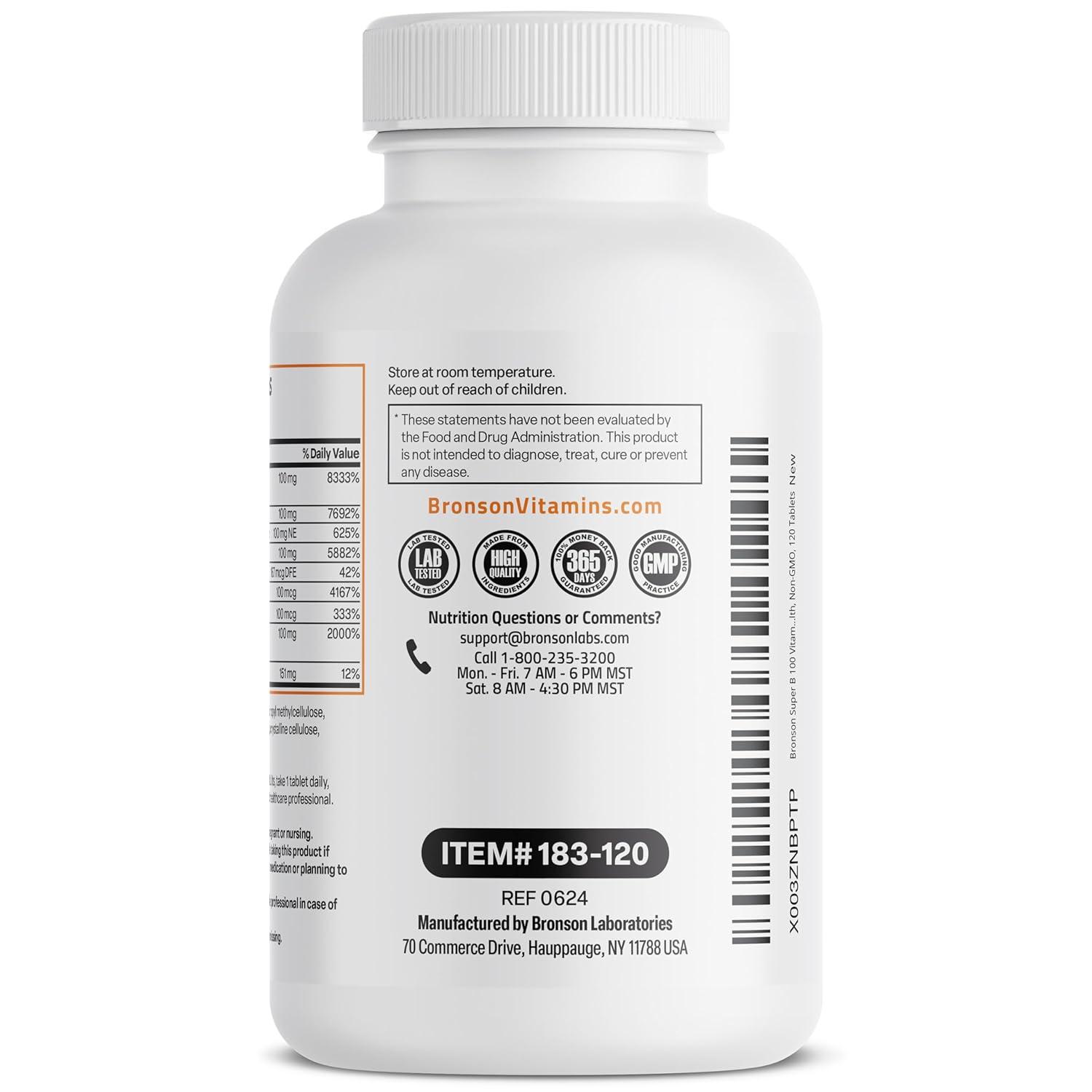 Bronson Vitamin B 100 Complex High Potency Sustained Release (Vitamin B1, B2, B3, B6, B9 - Folic Acid, B12), 120 Tablets