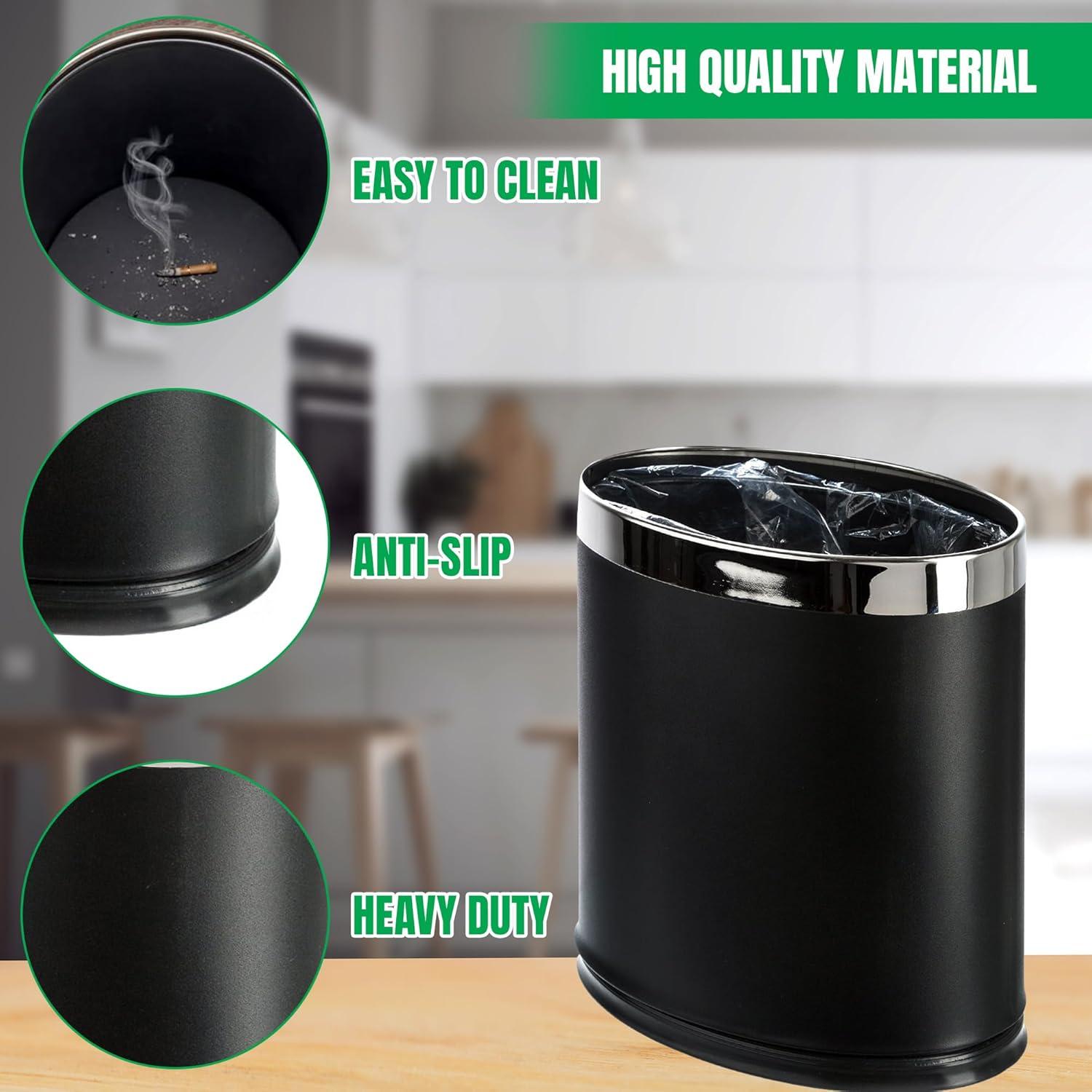 'Invisi-Overlap' Metal Trash Can, Open Top Small Office Wastebasket, Oval Shape (Black)