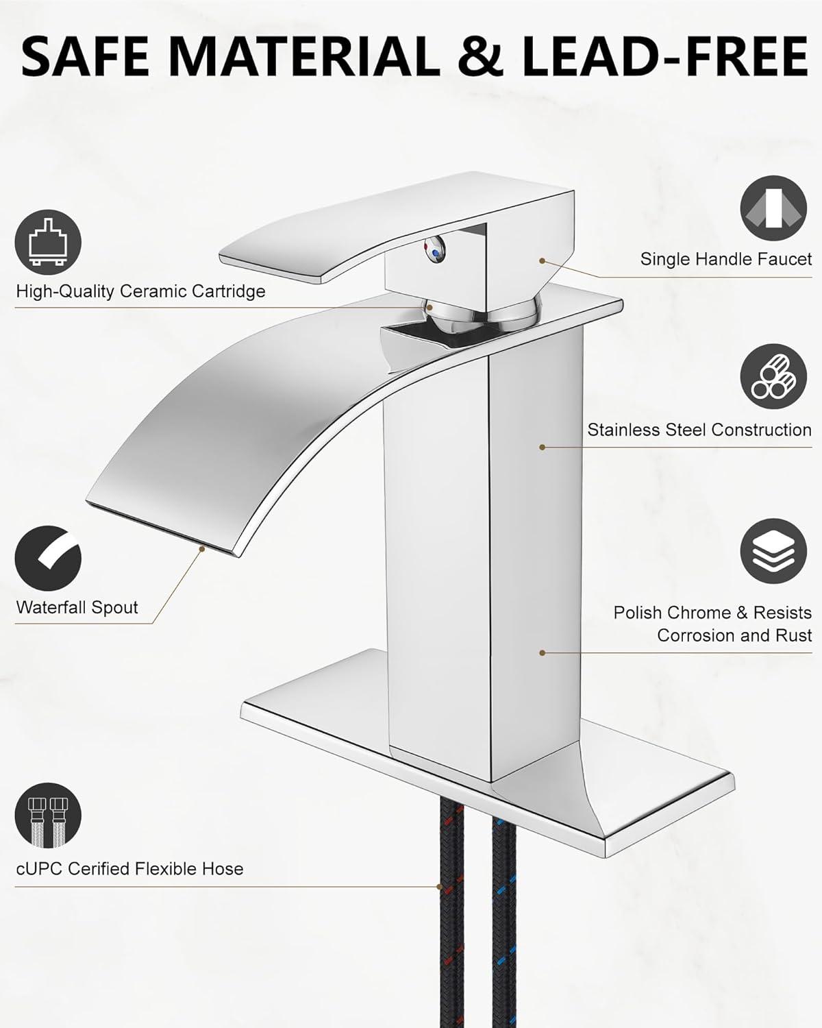 Midanya Waterfall Spout Bathroom Faucet Single Handle 1 Hole Bathroom Sink Faucet,Modern RV Lavatory Vanity Basin Tap with Water Hose,Short Body,Polish Chrome