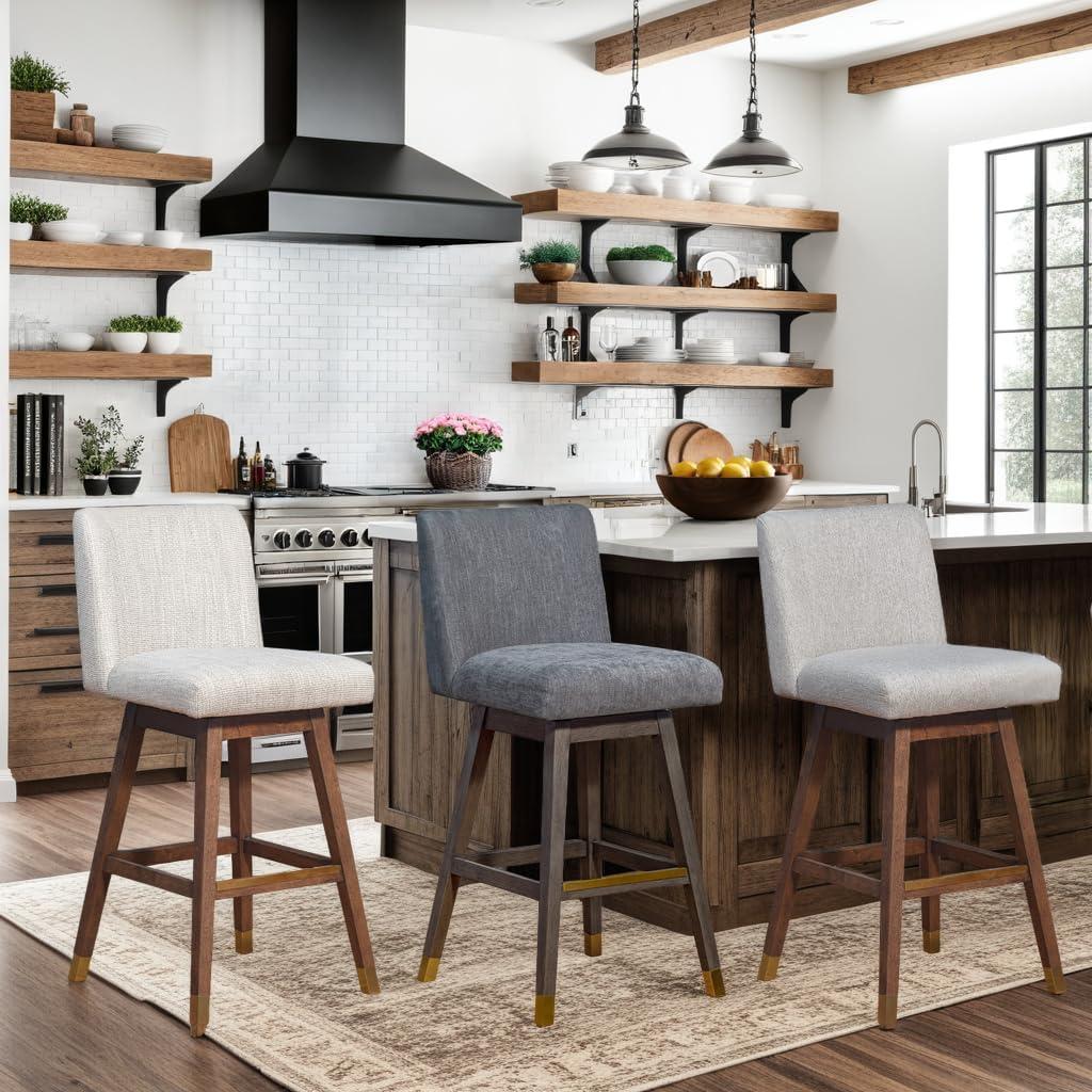 Armen Living Basila Wood Finish with Fabric Swivel Counter Height Barstool Brown Oak/Taupe