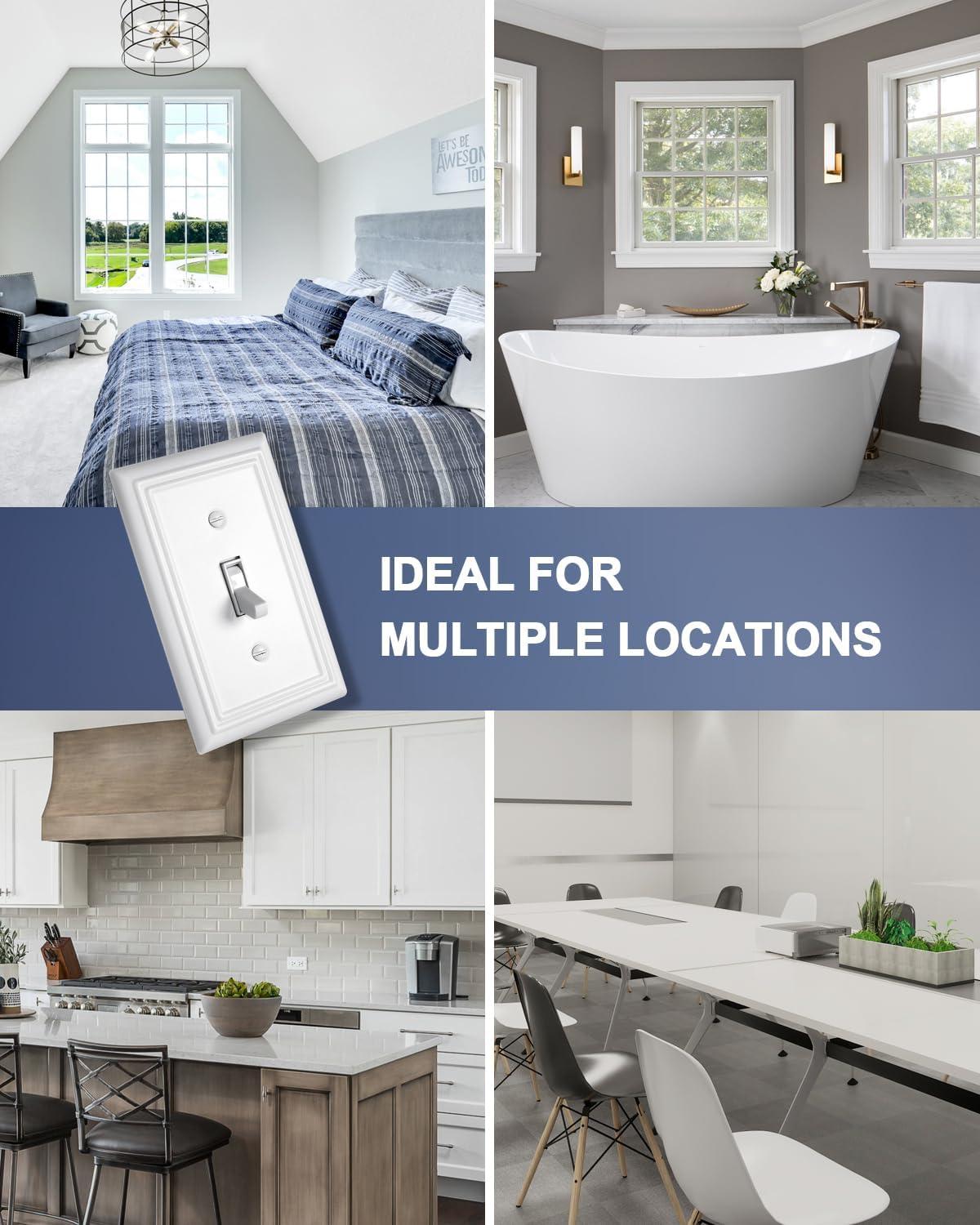 Modern Decorative Wall Plate Switch Plate Outlet Cover, Vintage Retro Wood Grain Design(Single Toggle-4 Pack, White)