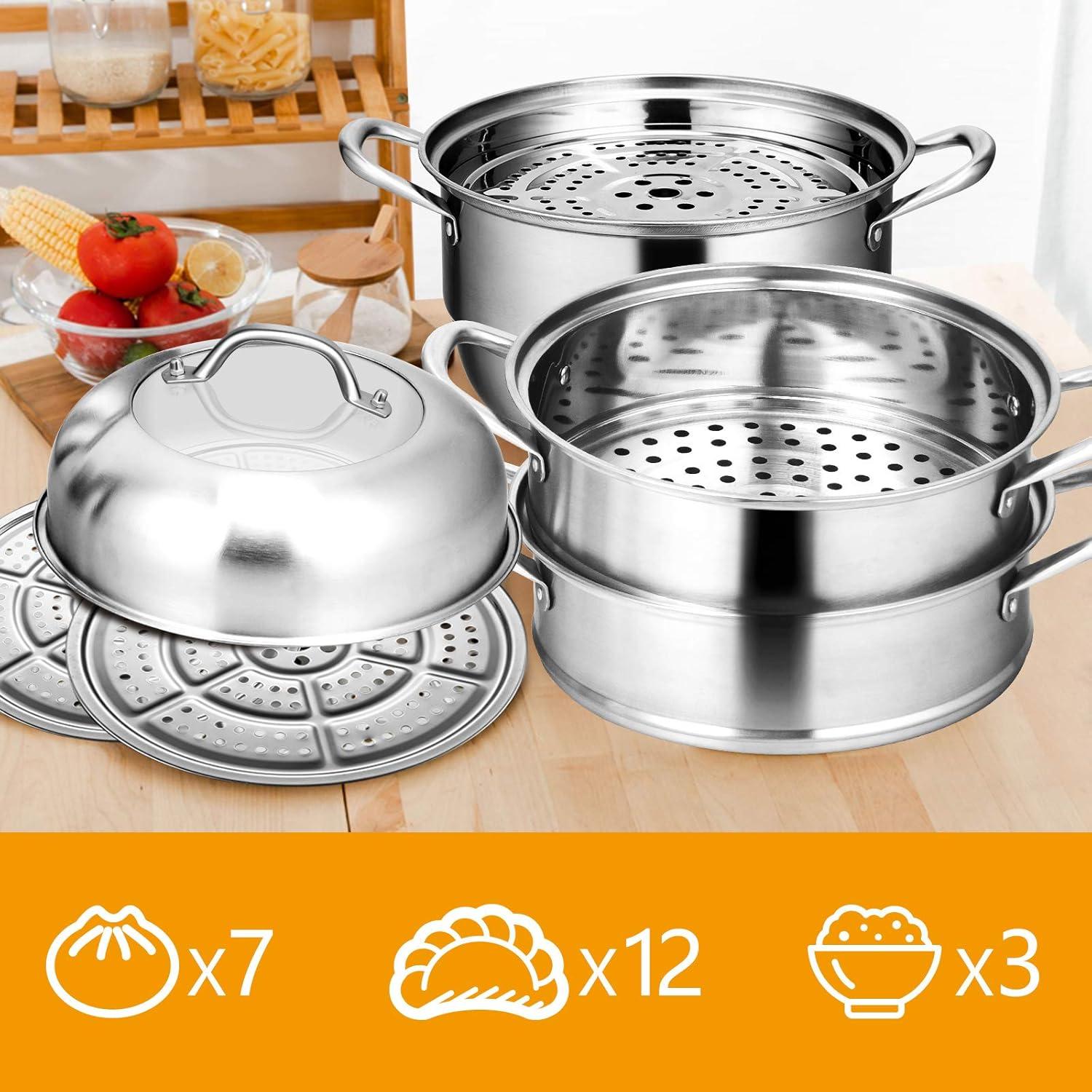 3-Tier Stainless Steel Steamer Pot with Tempered Glass Lid