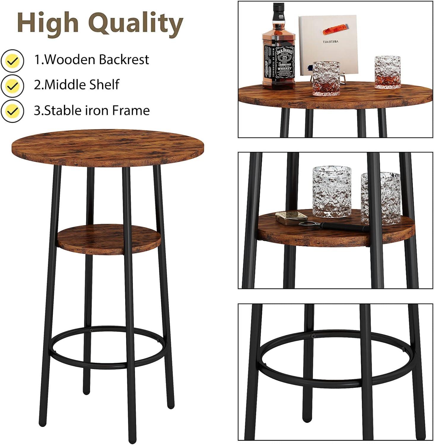 paproos Round Bar Table Set for 2, 3 Pcs Pub Bistro Table and PU Upholstered Stools with Backrest, Industrial Counter Height Dining Table and Chairs for Kitchen Breakfast Nook Balcony, Brown