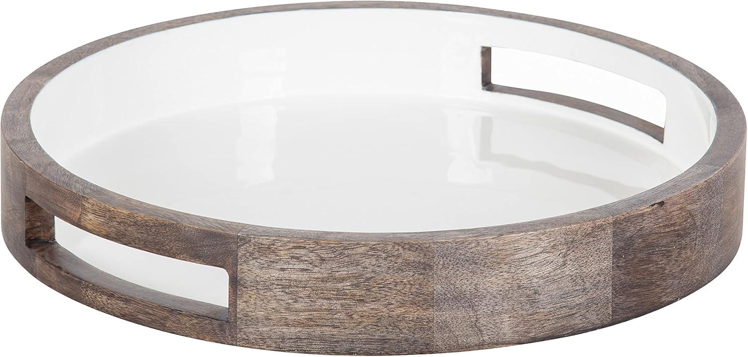 Graywash and White Round Mango Wood Tray with Handles