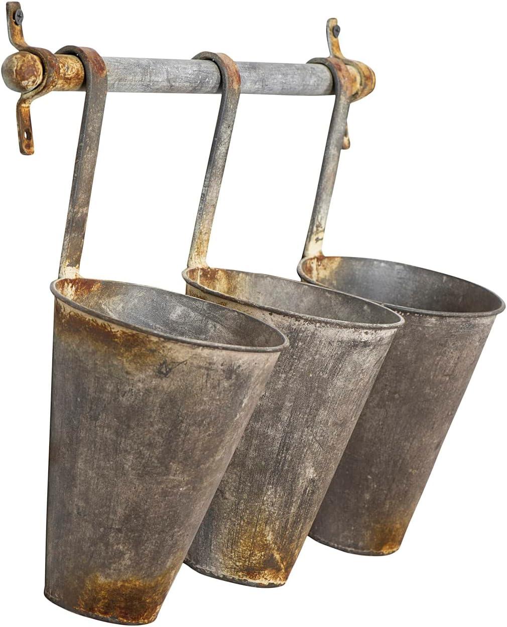 Metal Wall Rack with 3 Tin Pots - Storied Home: Rustic Outdoor Wall-Mounted Planter, Patio Clearance