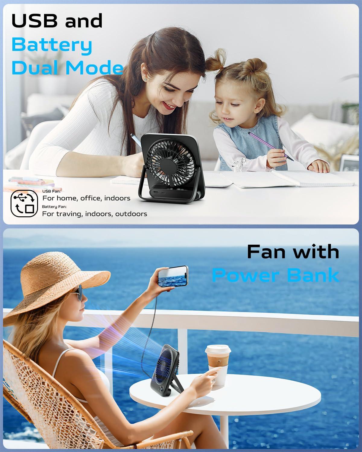 Black Slim Foldable Battery-Powered Desk Fan with USB Charging