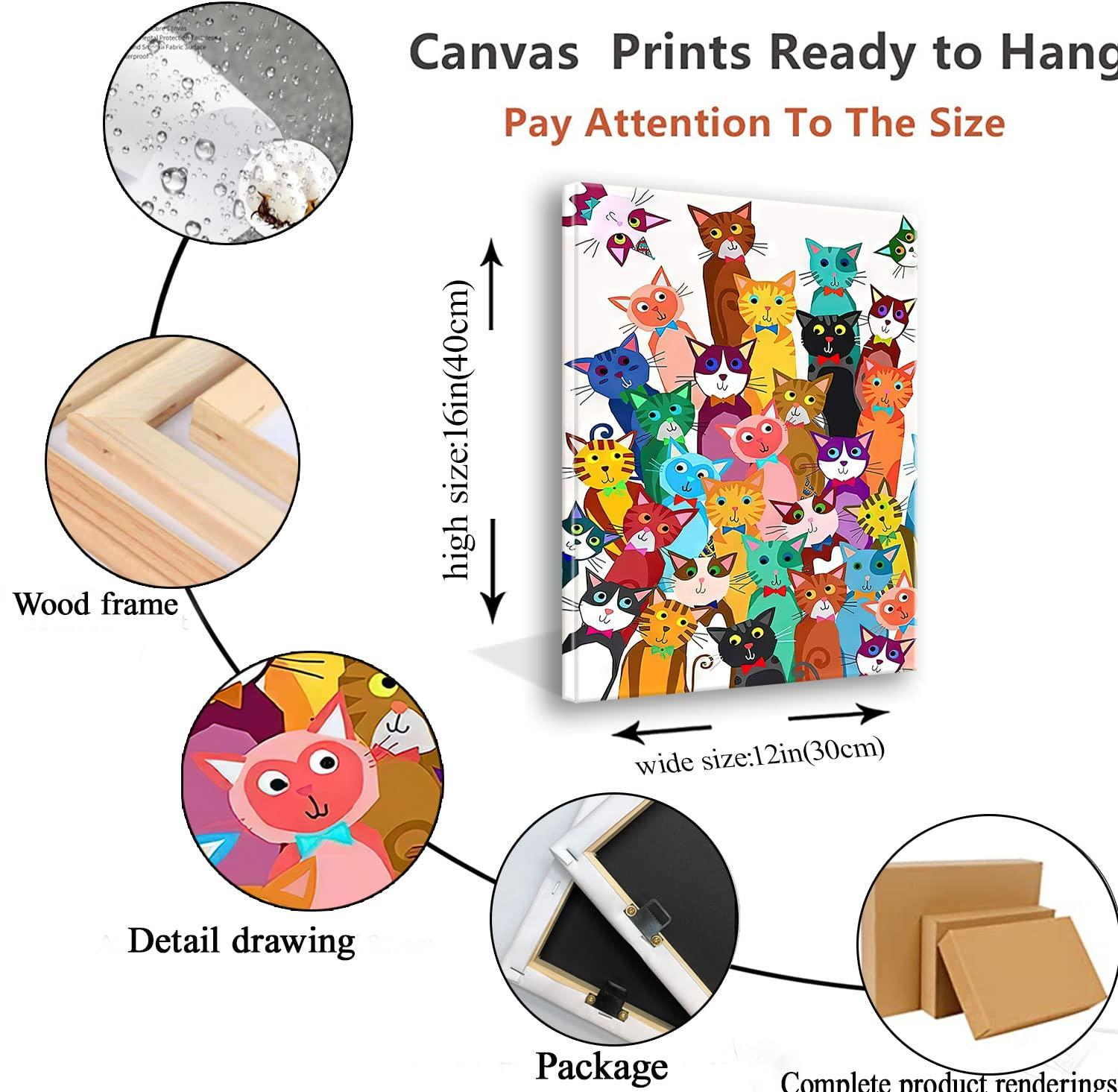 Framed Funny Colorful Cat Wall Art Cartoon Cat Canvas Print Cute Kitten Picture Poster Animals Painting Wall Decor for Bathroom Kid's Bedroom Nursery 12x16Inches