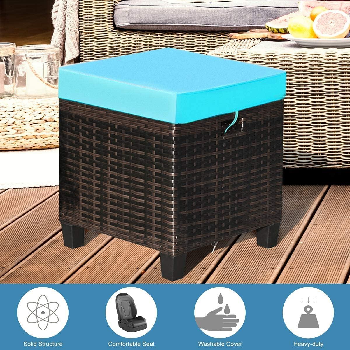 Costway 2PCS Patio Rattan Ottoman Cushioned Seat w/ Foot Rest Turquoise