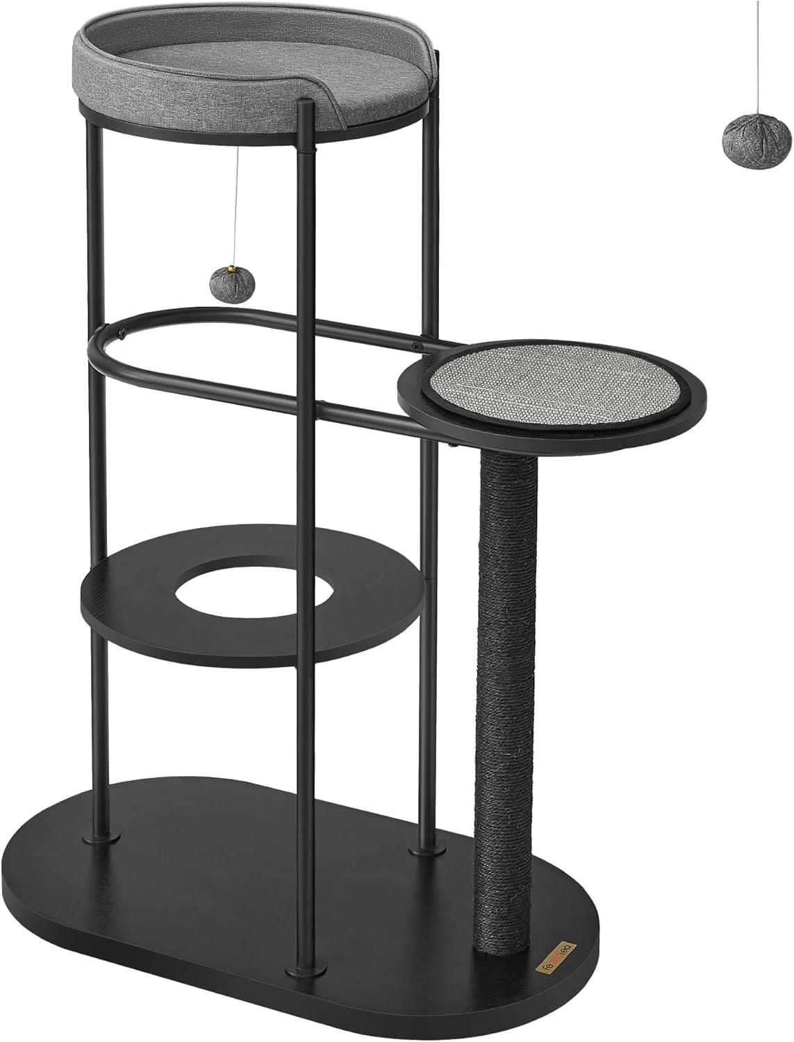 Modern Black and Gray Sisal Cat Tree with Cushioned Platforms