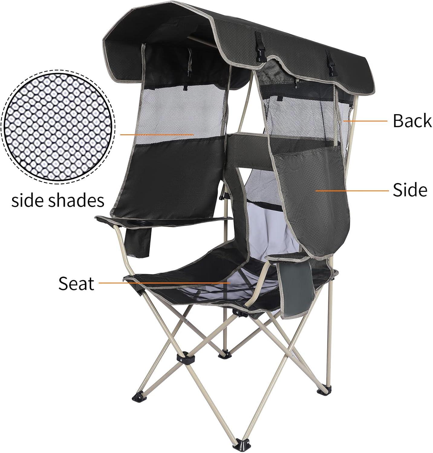 Camping Brothers Camping Chair with Shade Canopy - Outdoor Folding Patio Chair - Includes Retractable Sun Shade, Cup Holder, Side Pockets (Army Green)