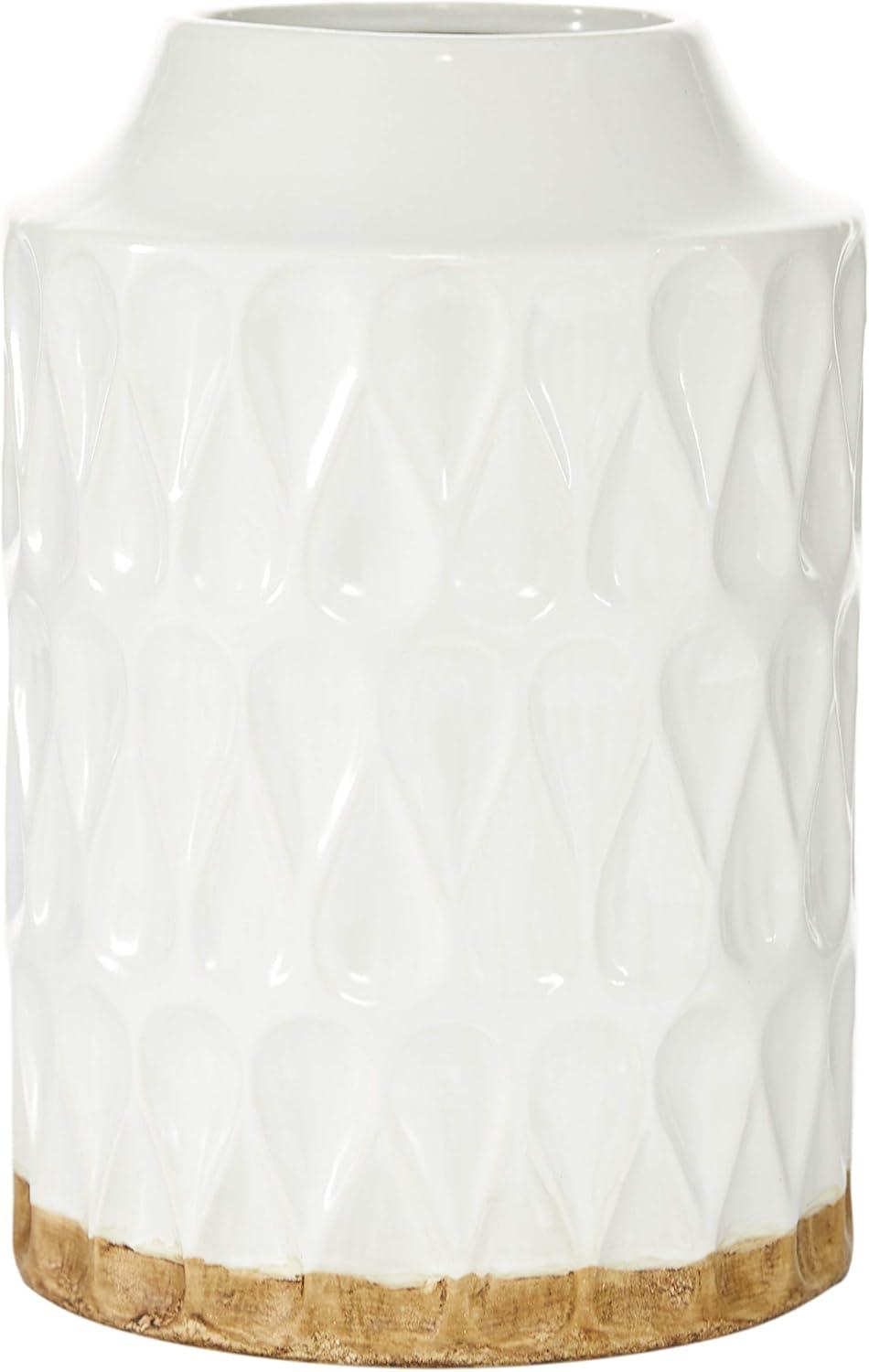 DecMode 12" Geometric White Porcelain Vase with Brown Base