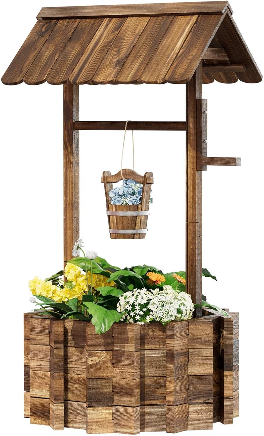 Rustic Brown Fir Wood Hanging Wishing Well Planter