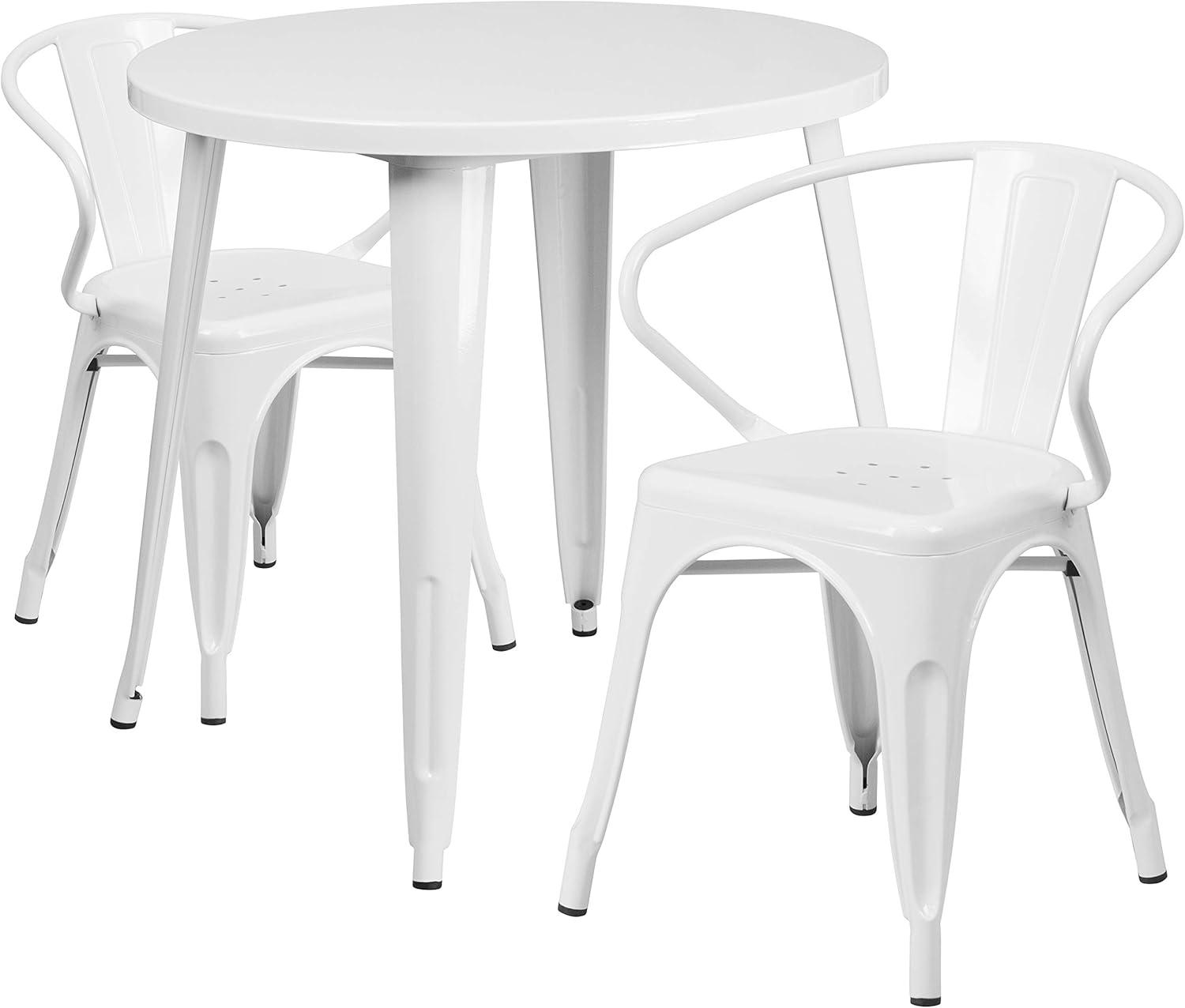 Flash Furniture Conrad Commercial Grade 30" Round White Metal Indoor-Outdoor Table Set with 2 Arm Chairs