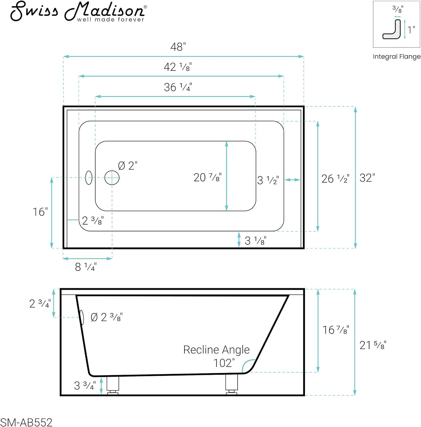 Voltaire 48" x 32" Left-Hand Drain Alcove Bathtub with Apron