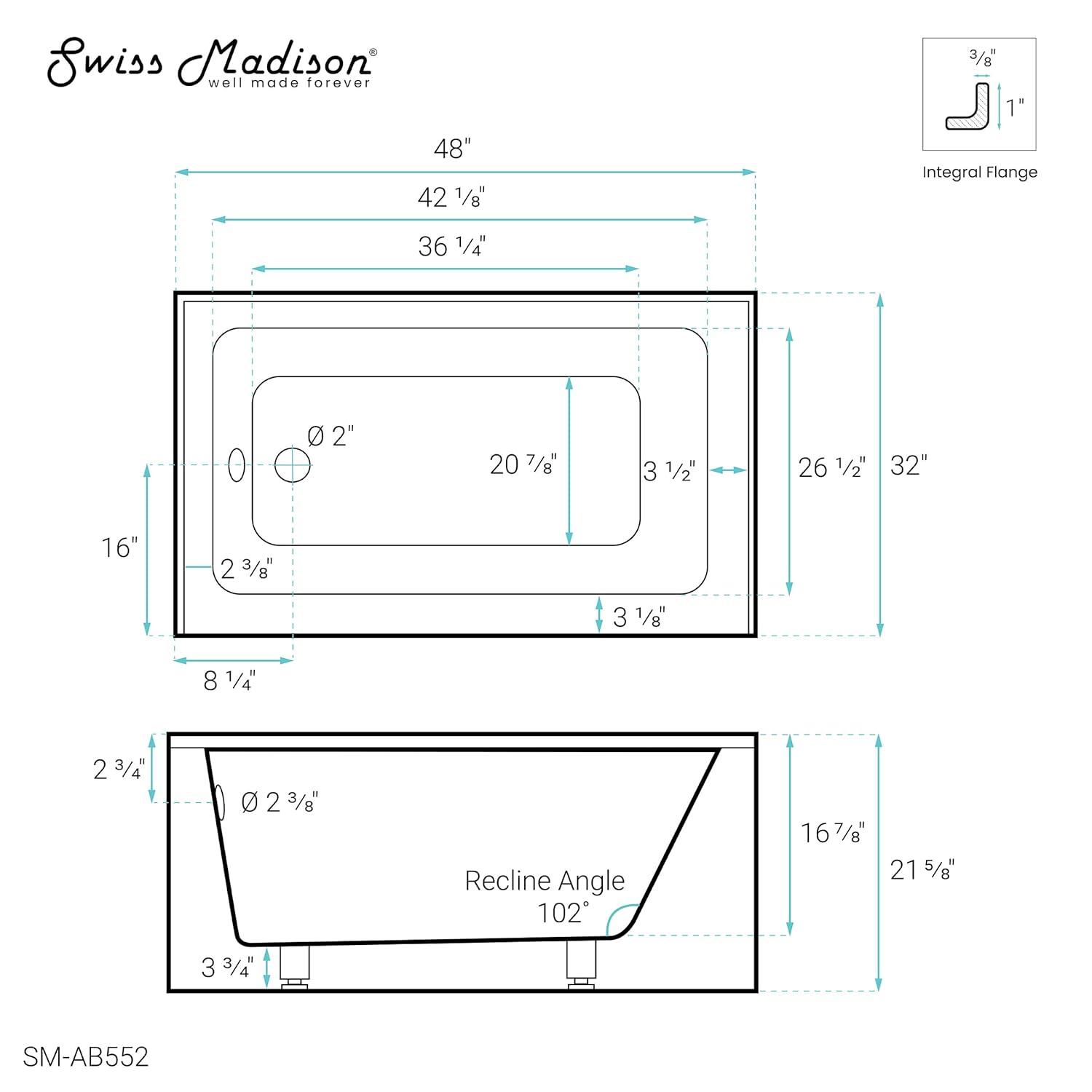 Voltaire 48" x 32" Alcove Bathtub with Apron