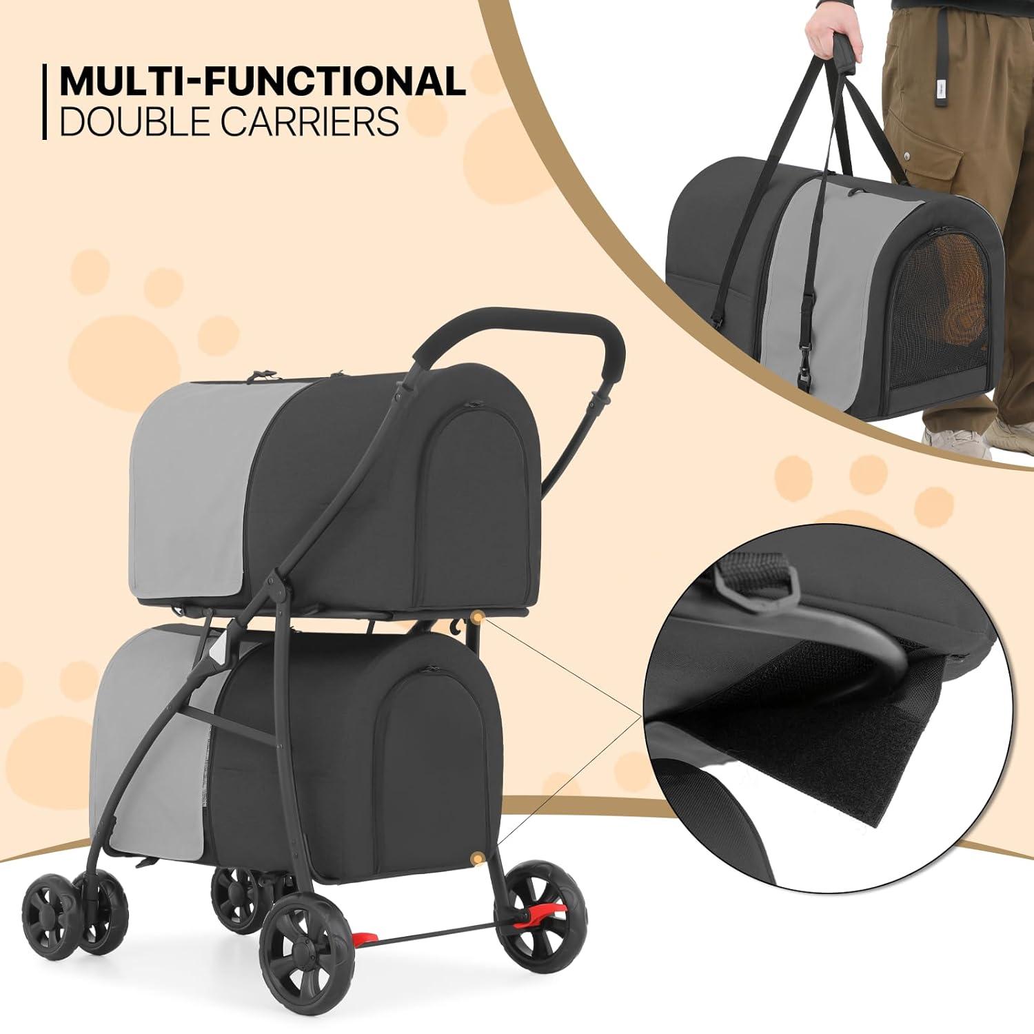 MoNiBloom 4 in 1 Double Pet Stroller, Foldable Cat Stroller for 2 Cats/Dogs with Detachable Carrier Bags & Rear Brakes, Black/Gray