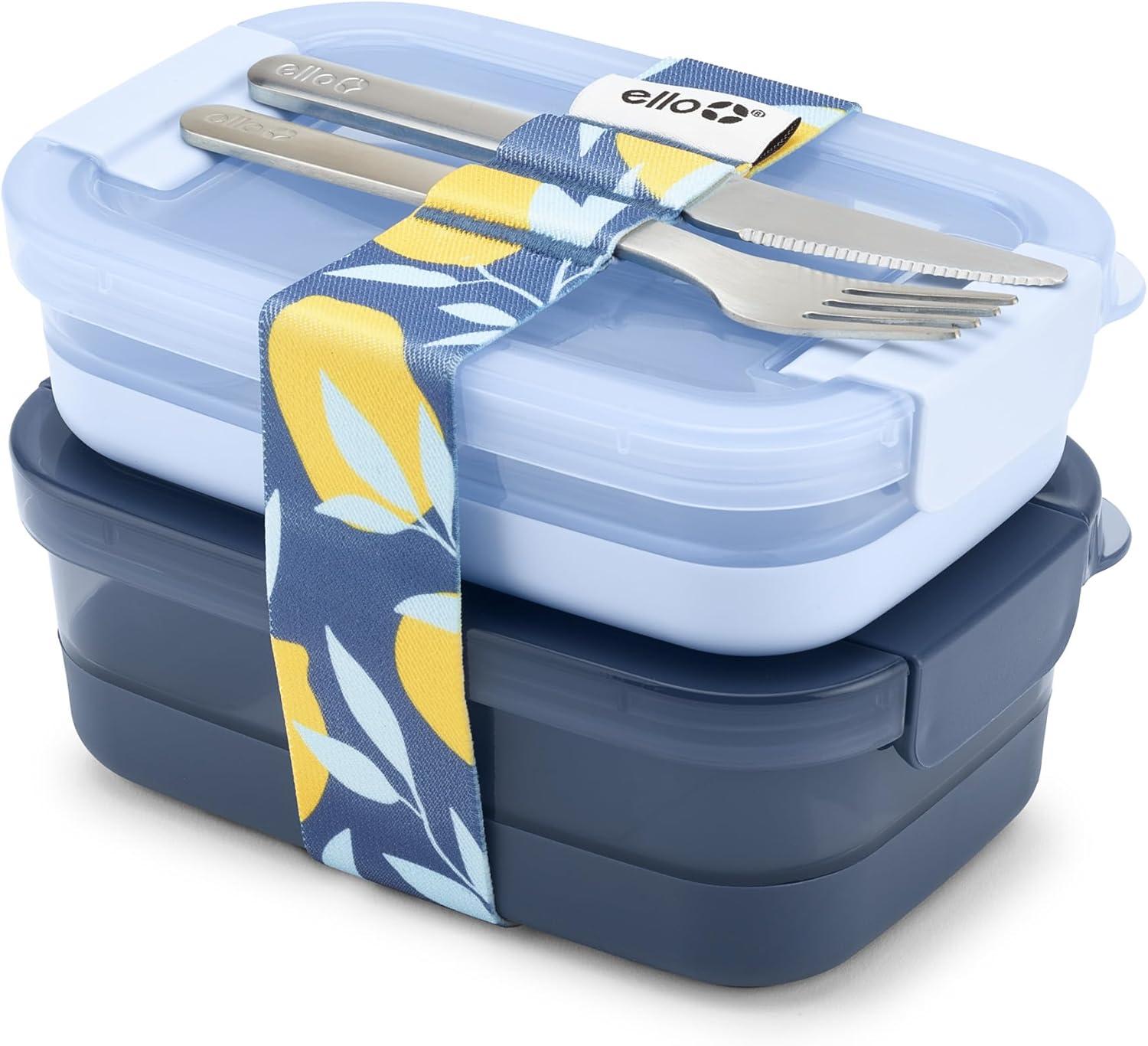 Ello 2pk Plastic Lunch Stack Food Storage Container Blue: Freezer, Dishwasher & Microwave Safe, Includes Utensils & Strap