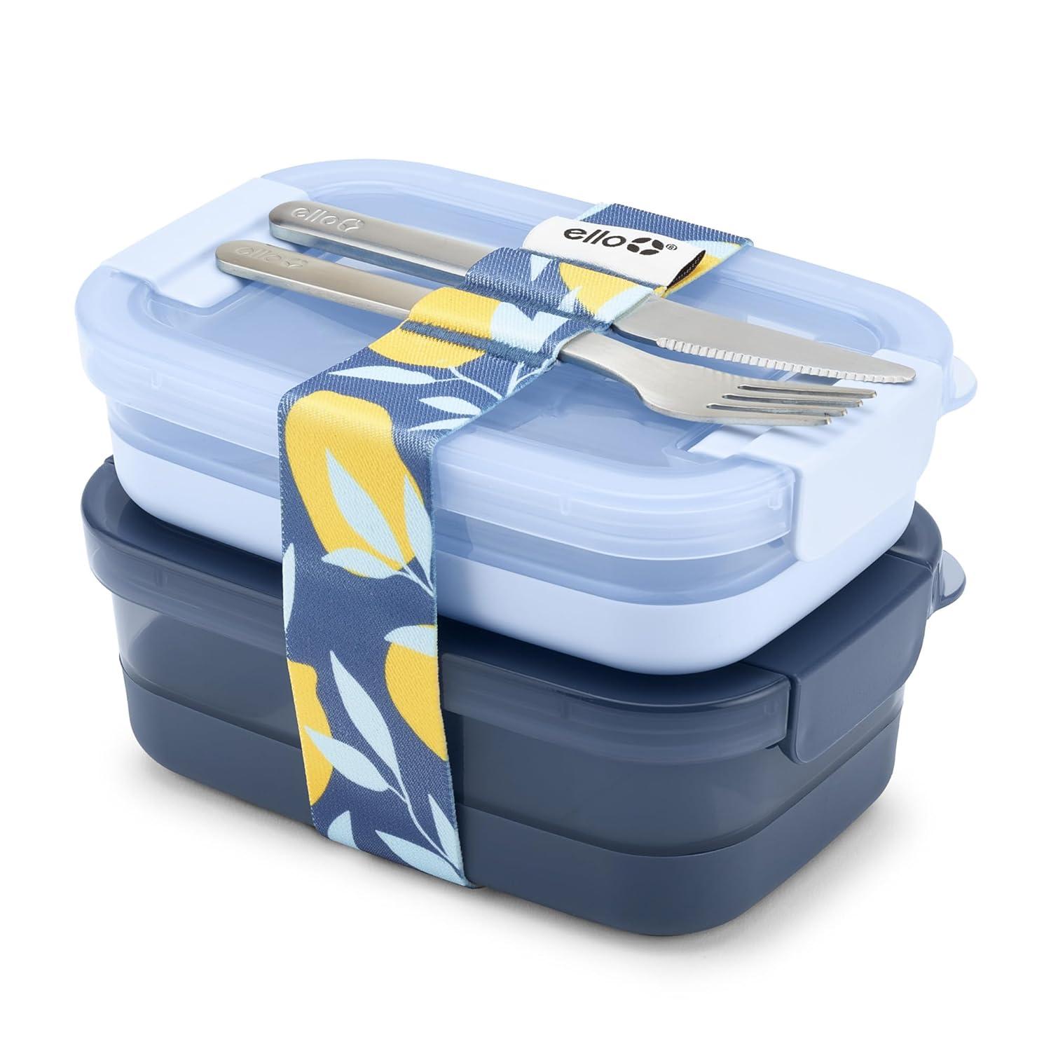 Ello 2pk Plastic Lunch Stack Food Storage Container Blue: Freezer, Dishwasher & Microwave Safe, Includes Utensils & Strap