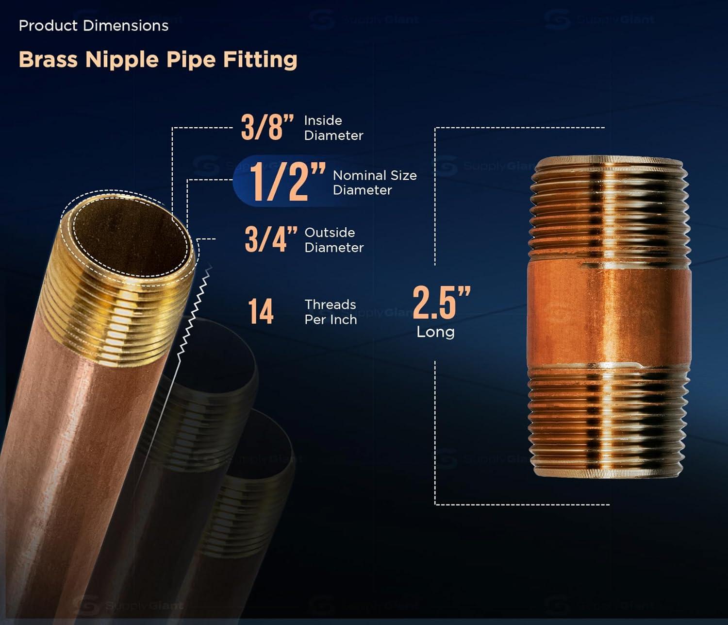 Everflow Supplies NPBR1225 2-1/2" Long Brass Nipple Pipe Fitting with 1/2" Nominal Diameter and NPT Ends