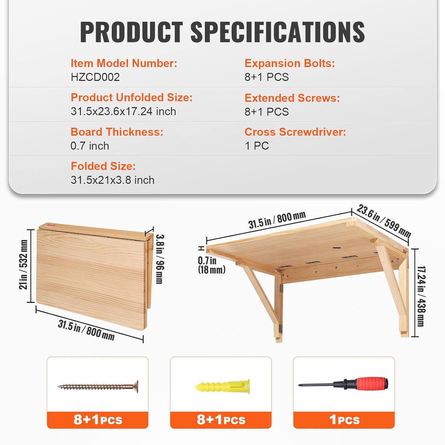 Pine Wood Wall Mounted Folding Desk with Alloy Steel Brackets