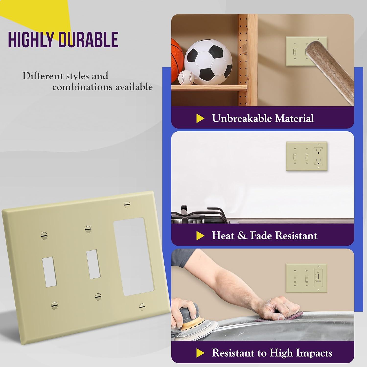 ENERLITES Combination Double Toggle / Single Decorator Rocker Outlet Wall Plate, Standard Size 3-Gang, Polycarbonate Thermoplastic, Ivory