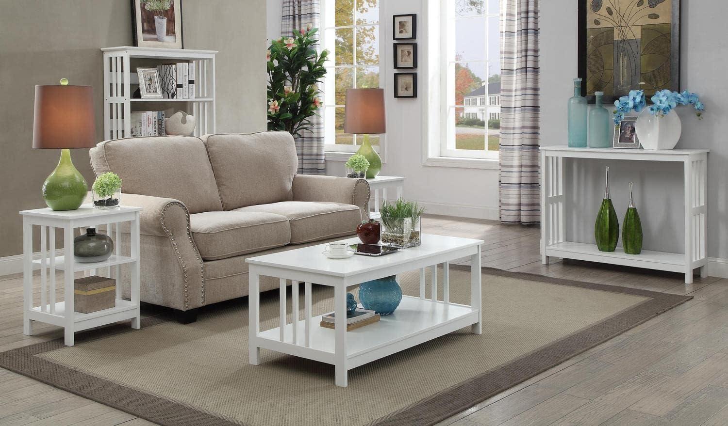 Elegant Mission White Rectangular Wood Coffee Table with Shelf