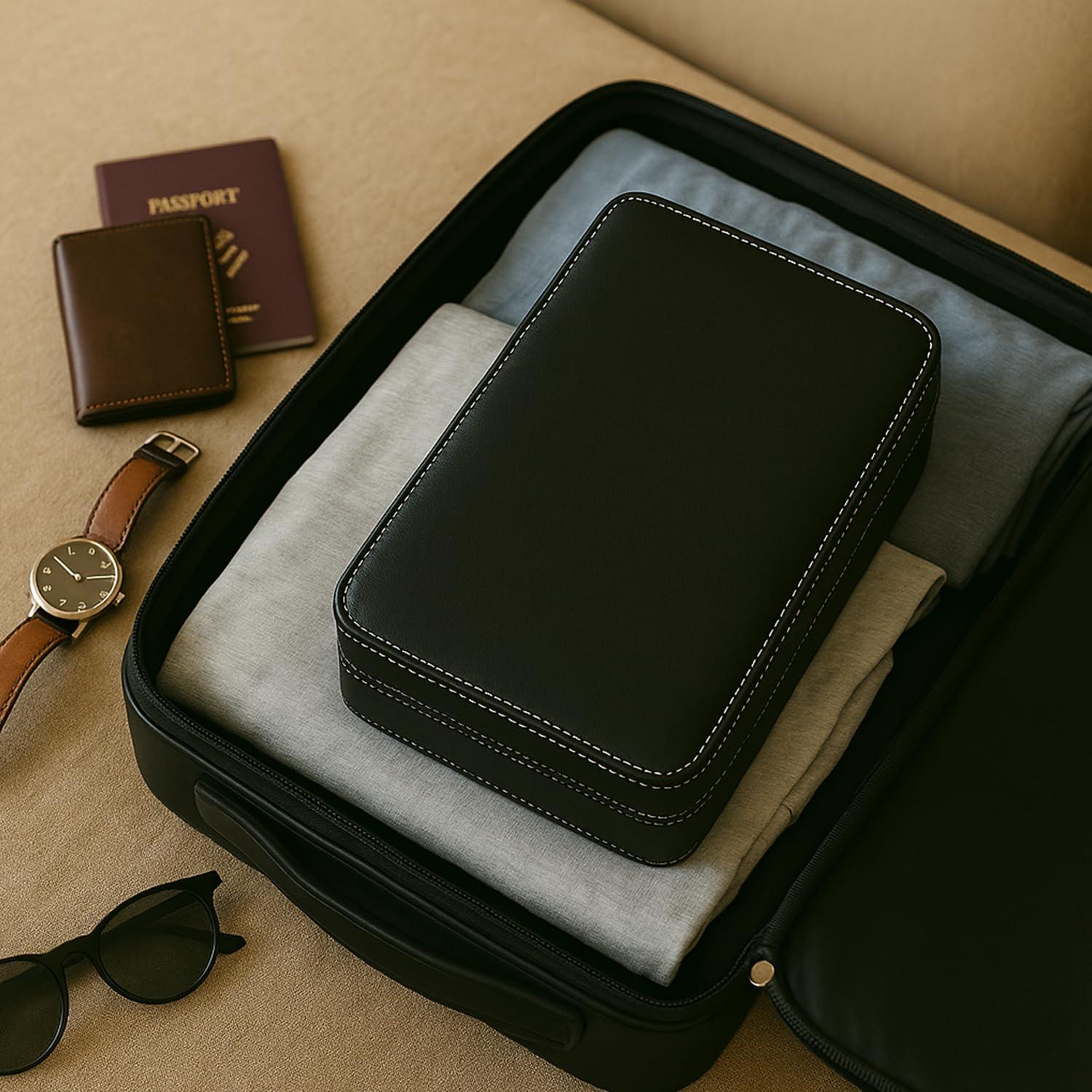 Black Leather Two Watch and Two Sunglass Travel Case with Form Fit Compartments with Zipper Closure.