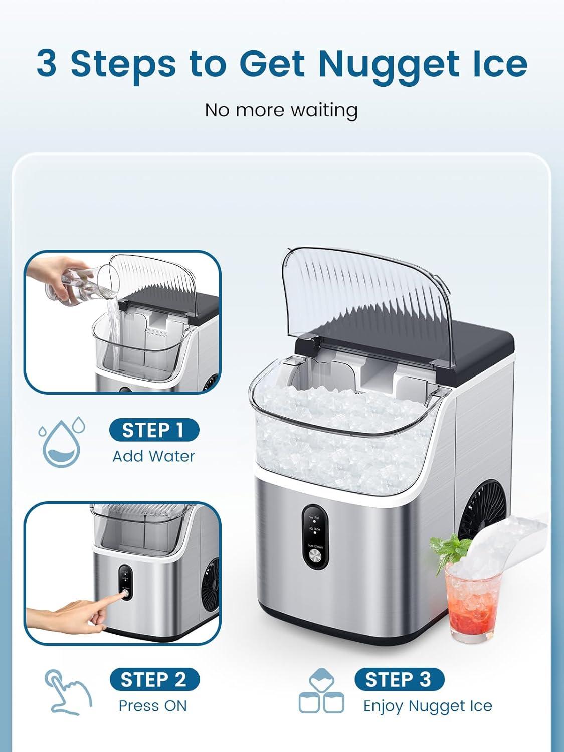 Silver Portable Countertop Nugget Ice Maker with Ice Scoop