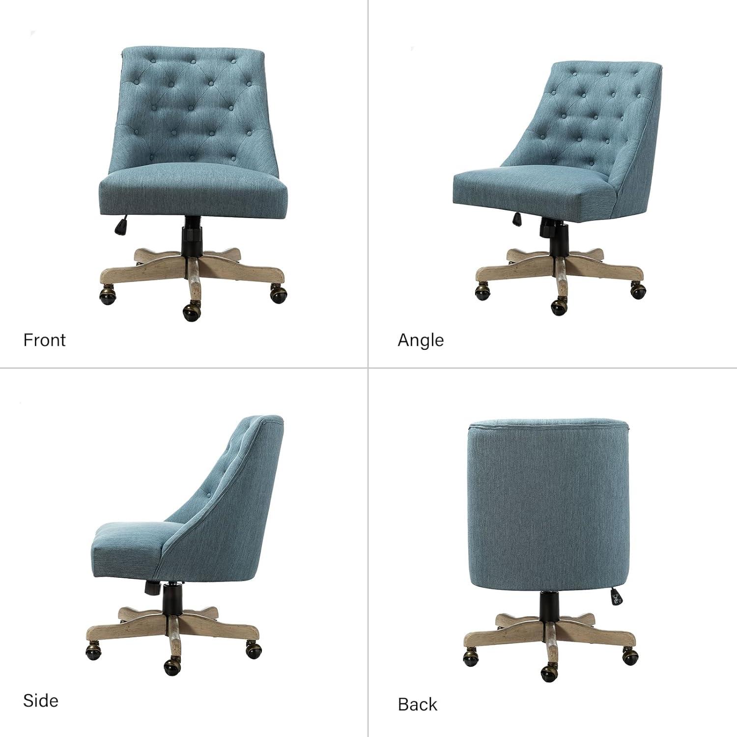 Swivel Office Chair with Tuft Back, Modern Armless Task Chair with Solid Wood Five-Pronged Base Blue