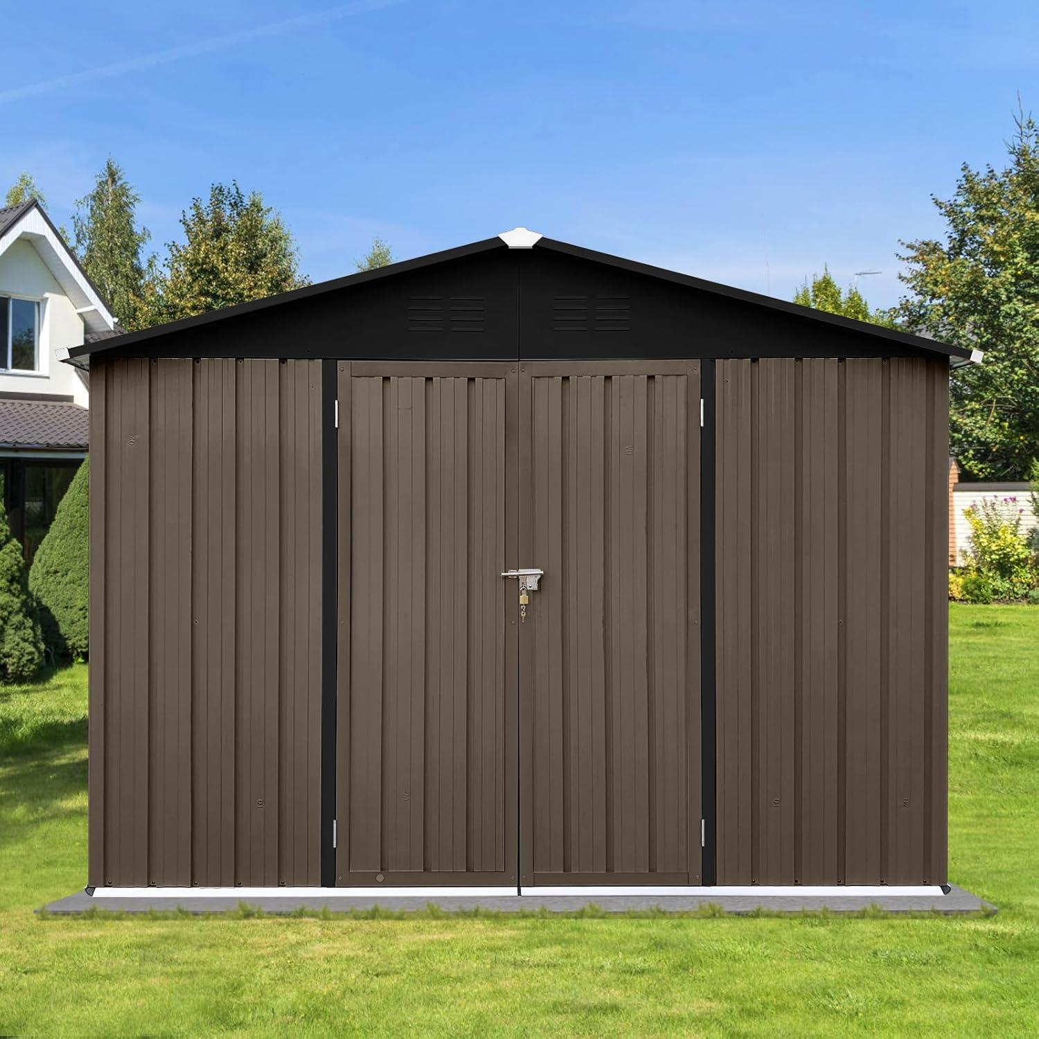 10x8 FT Metal Garden Sheds with Hinged Door and Padlock & Punched Vents,Aluminum Outdoor Storage Shed w/Eco-Friendly Painting,for Bike, Barbeque,Tool,Brown+Black