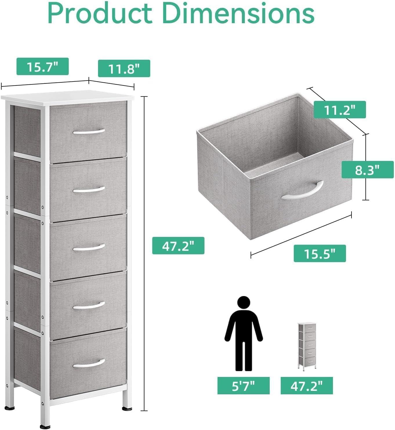 Gray Fabric 5-Drawer Tall Dresser with Steel Frame